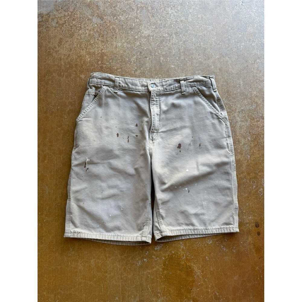 Carhartt Painters Paint Splattered Cream Khaki Workwear Carpenter Shorts 36W